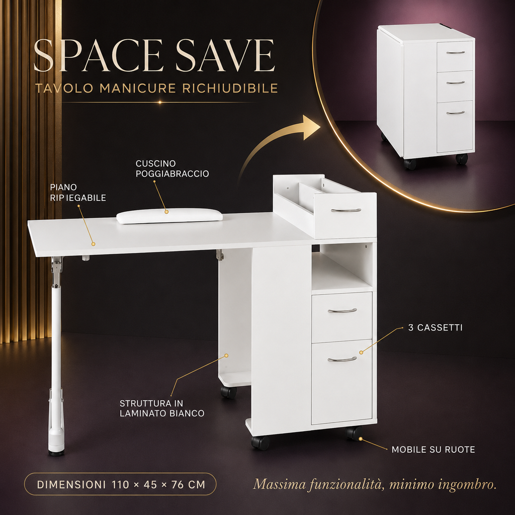 Tavolo Manicure Richiudibile Space Save con Cassettiera