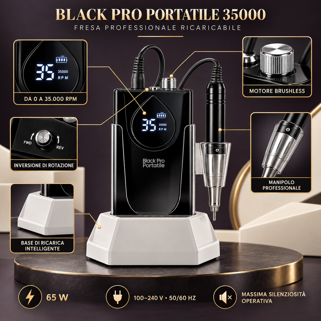 Fresa Professionale Ricaricabile Black Pro Portatile 35000 con Motore Brushless