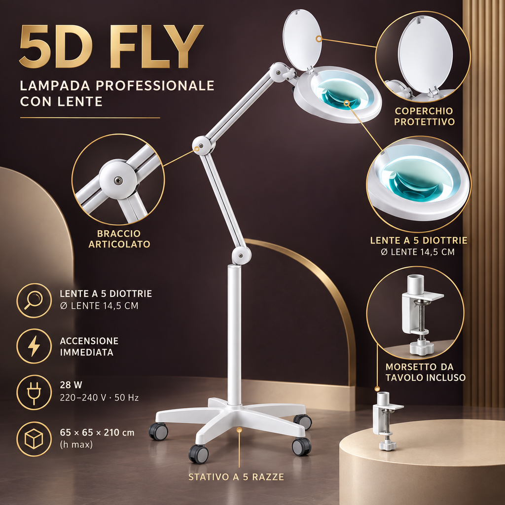 Lampada Professionale 5D Fly con Lente 5 Diottrie e Ricambi