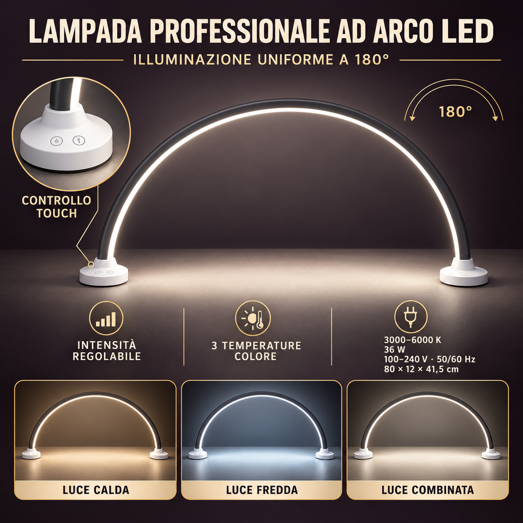 Lampada Professionale ad Arco LED 180° con Luce Regolabile