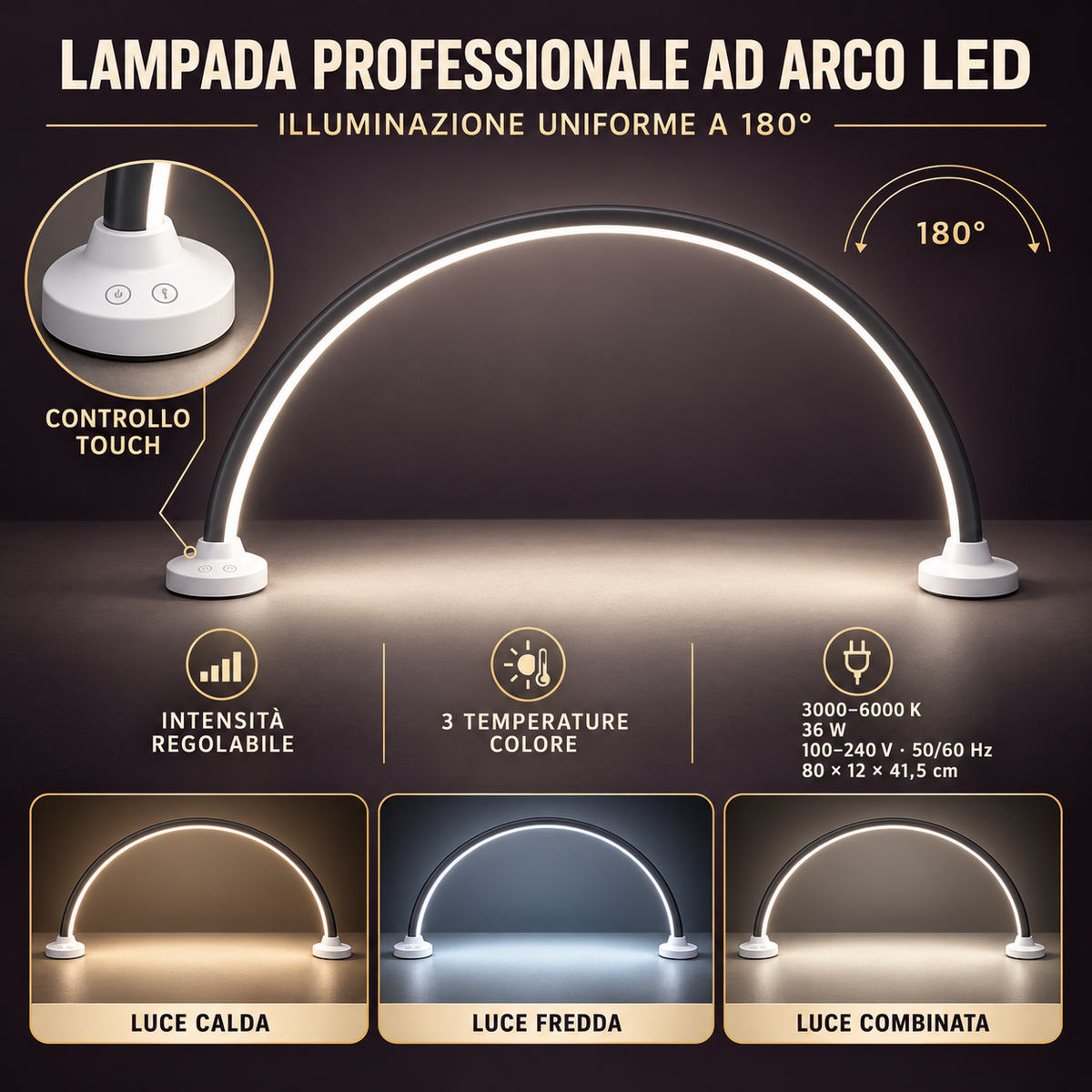 Lampada Professionale ad Arco LED 180° con Luce Regolabile