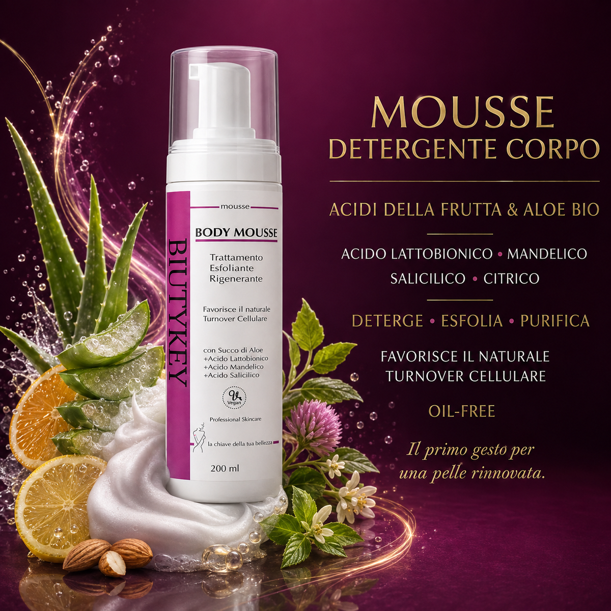 Mousse Detergente Corpo con Acidi della Frutta e Succo di Aloe Bio 200 ml