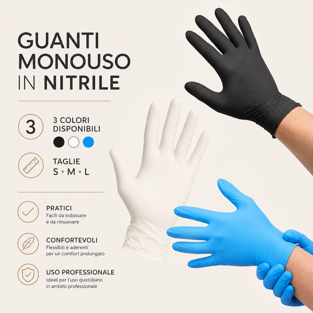 Guanti Nitrile Neri/Bianchi/Blu, confezione da 100 pz