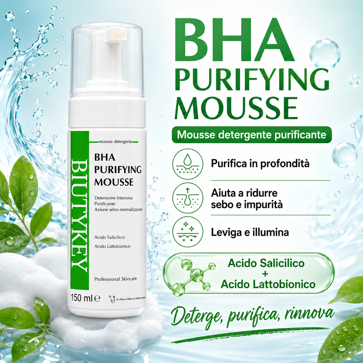 Mousse Detergente Viso con Acido Lattobionico e Acido Salicilico 150ml