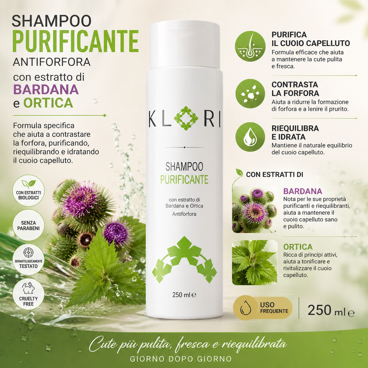 Shampoo Purificante Antiforfora estratto Di Bardana e Ortica 250 ml