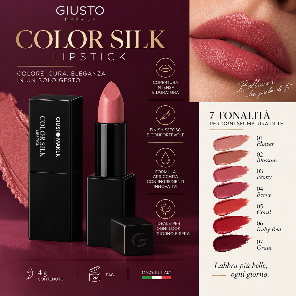 COLOR SILK LIPSTICK – Rossetto stick a copertura intensa e finish setoso 4 g