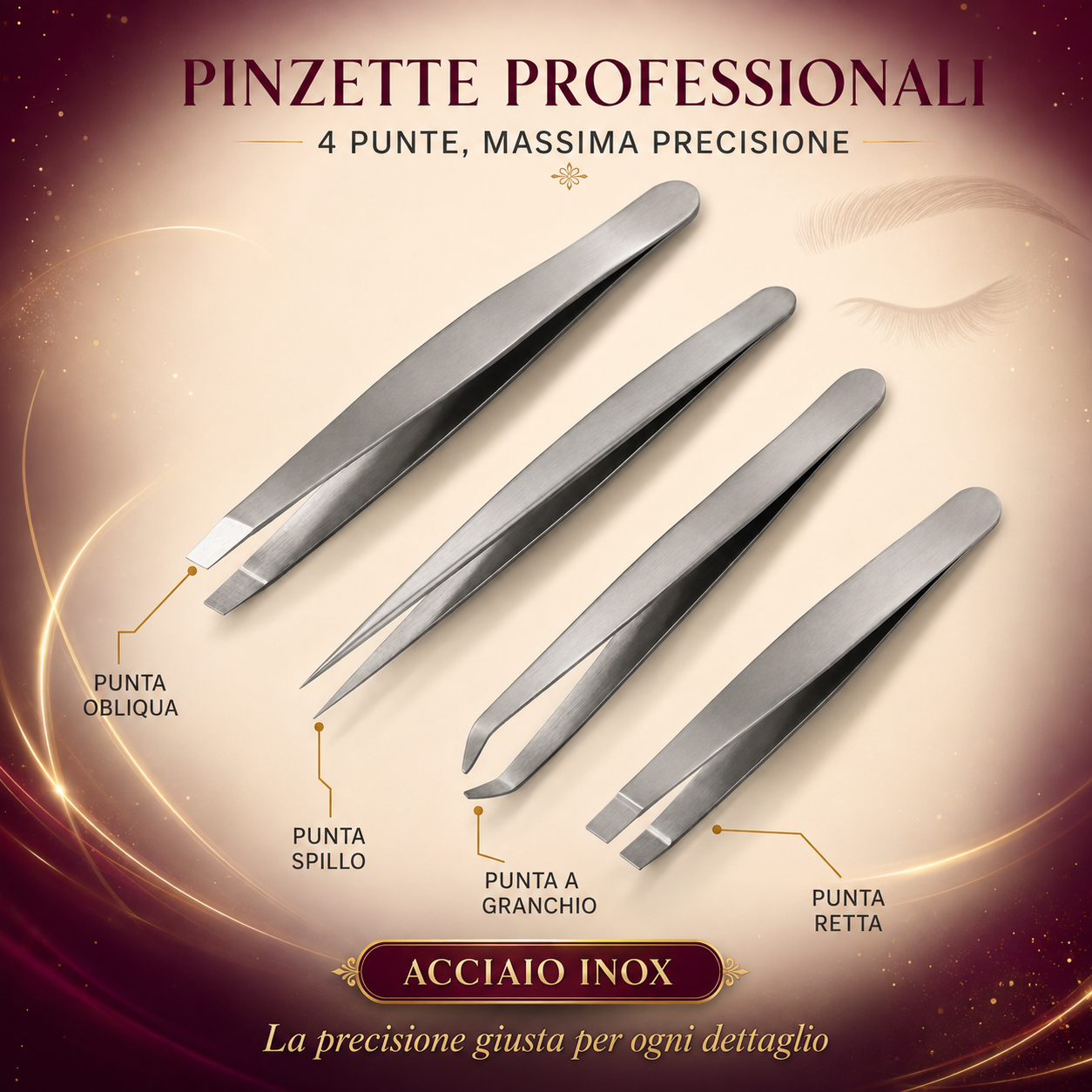 Pinzette Professionali per Sopracciglia in Acciaio Inox